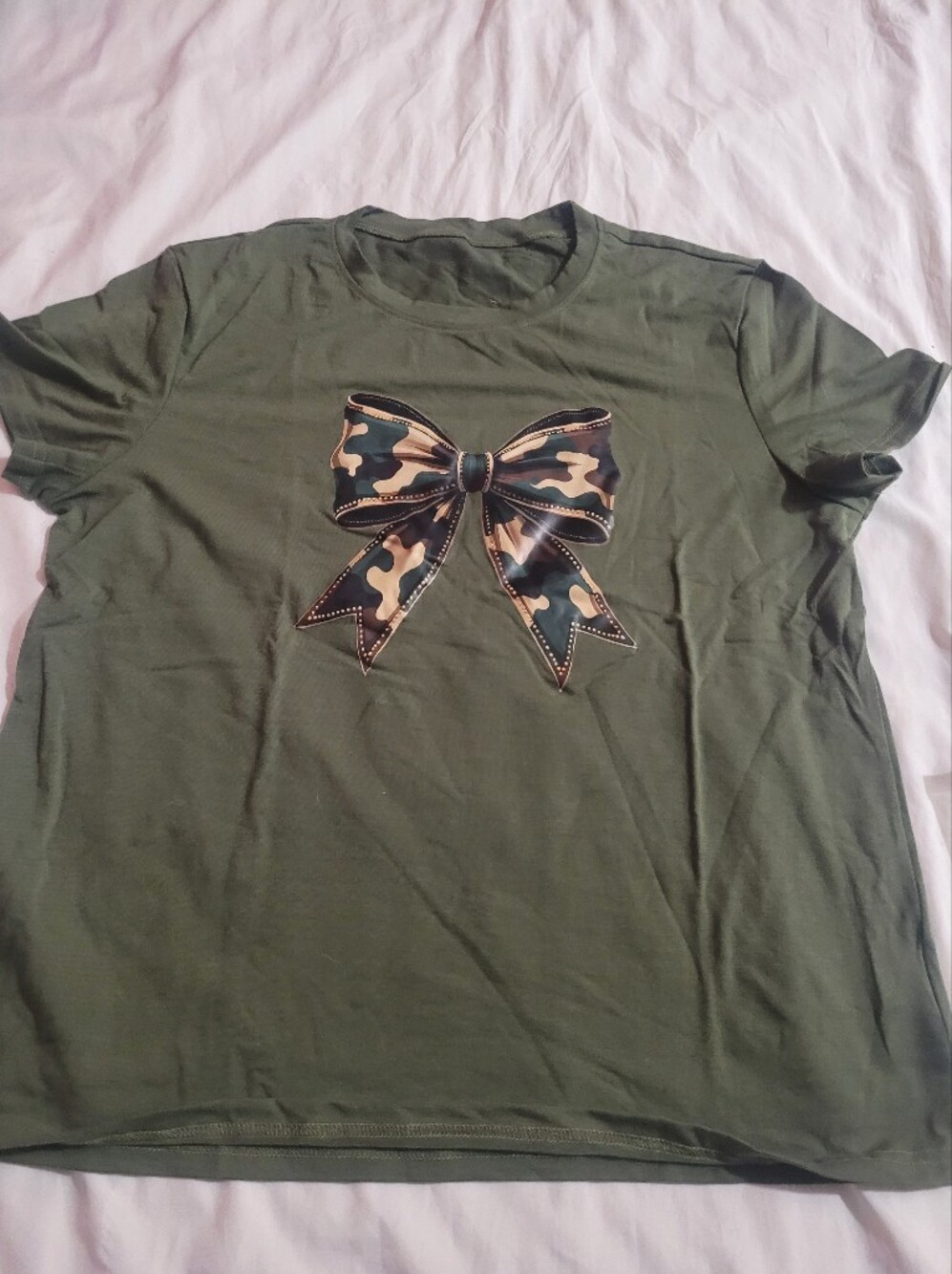 Olive Green Short Sleeve Tee with Camo Bow Graphic